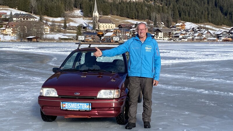 Ein Mann und sein Auto sorgen für Sicherheit: Norbert Jank ist seit mehr als drei Jahrzehnten DER „Eismeister“ vom Weissensee. (Bild: Zwickl)