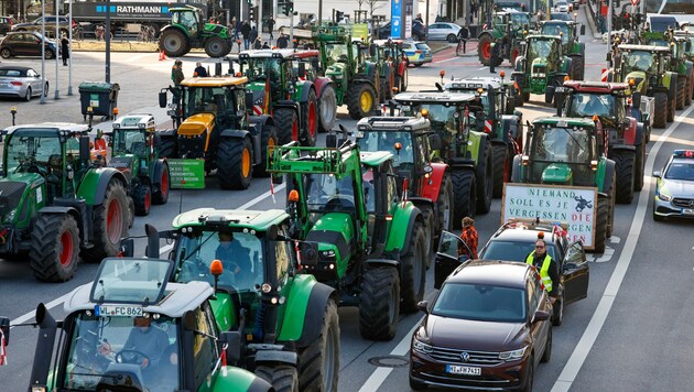 Aufmüpfige Bauern treiben am Montag im Hamburger Stadtzentrum ihr Unwesen. (Bild: APA/AFP/MORRIS MAC MATZEN)