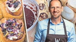 Gerhard Winkler (o.) und sein Team bieten ab 1. Februar im Pop-Up-Store an der Linzer Mozartkreuzung acht fluffige Zimtschnecken-Variationen. (Bild: Zimtwirbel, Krone KREATIV)