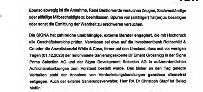 Auszug aus der Benko-„Äußerung“ an die WKStA