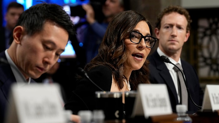 Meta-Vorstand Mark Zuckerberg, X-Geschäftsführerin Linda Yaccarino und TikTok-Chef Shou Zi Chew ...