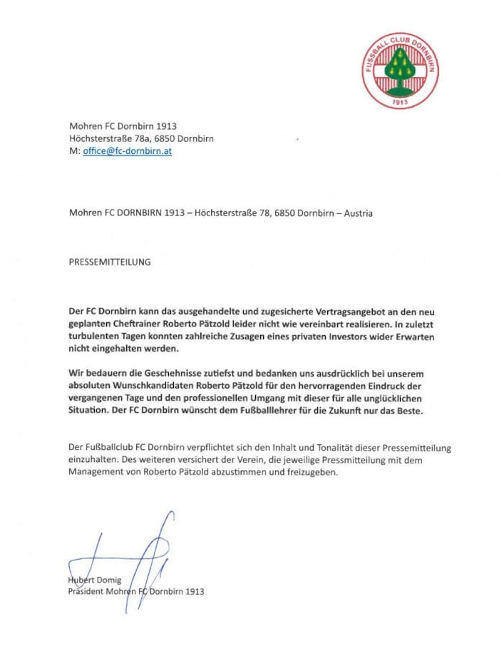 Die Pressemitteilung des FC Dornbirn.