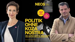 Collini (links) plakatiert gegen Bürgermeister Koza (rechts) (Bild: Neos, zVg, Krone KREATIV)