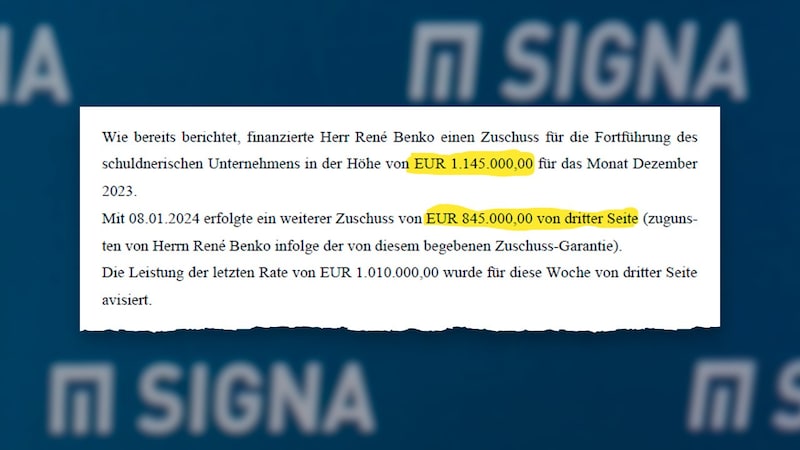 Aus dem Bericht des Insolvenzverwalters: „Die Leistung der letzten Rate von EUR 1.010.000,00 wurde für diese Woche von dritter Seite avisiert.“ (Bild: Andreas Tischler/Vienna Press, Krone KREATIV)