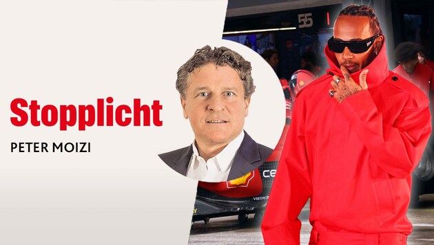 „Krone“-Sportchef Peter Moizi in seiner Kolumne über den Wechsel von Lewis Hamilton zu Ferrari.  (Bild: Krone KREATIV, APA/AFP/GETTY IMAGES/Jared C. Tilton, POOL/NACHO DOCE)