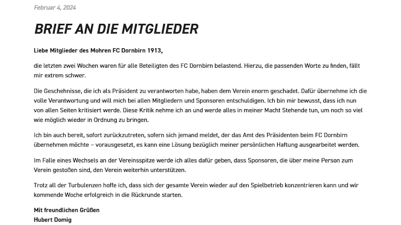 Mit diesem Brief an die Mitglieder will Dornbirn-Präsident Hubert Domig den entstandenen Schaden wieder in Ordnung bringen. (Bild: FC Dornbirn)