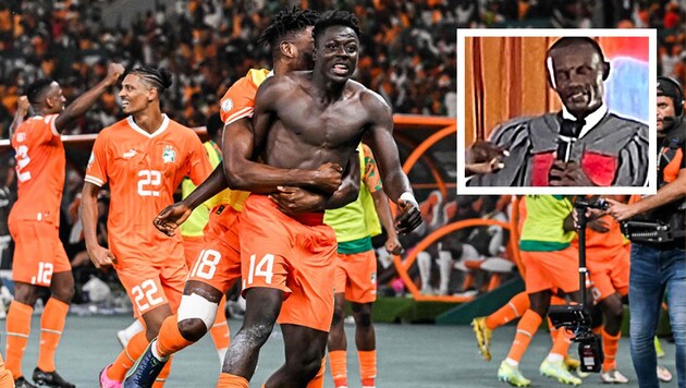Die Elfenbeinküste jubelt über das Halbfinale - auch Pfarrer Frederick machte die Nacht zum Tag. (Bild: AFP/Issouf Sanogo, zVg, Krone KREATIV)