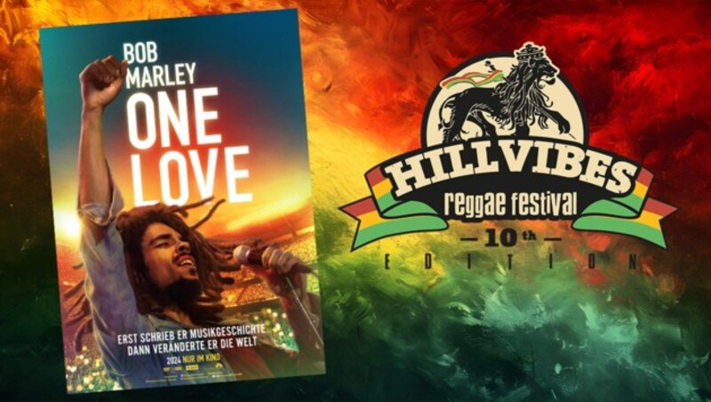 Gewinnen zum Kinostart von „Bob Marley: One Love“ (Bild: © 2024 Paramount Pictures; Hill Vibes Reggae Festival; stock.adobe.com, Krone KREATIV)