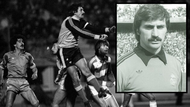 Miguel Ángel González Suárez im Jahr 1981 als Real-Goalie in einem UEFA-Cup-Spiel gegen Rapid Wien (Bild: Votava / brandstaetter images / picturedesk.com; facebook.com/RealMadrid)