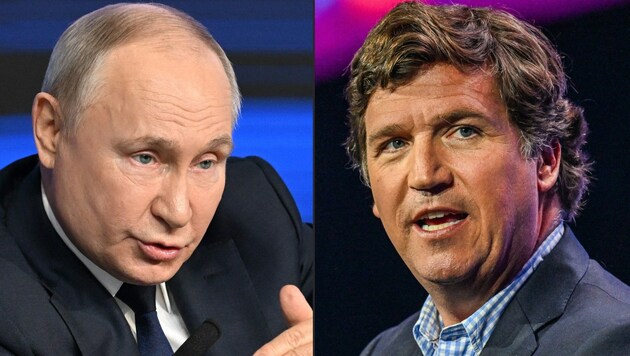 Tucker Carlson (po prawej) przeprowadził wywiad z władcą Rosji Putinem. (Bild: AFP)