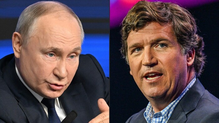 Tucker Carlson (po prawej) przeprowadził wywiad z władcą Rosji Putinem.