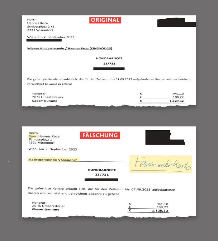 Diese Faksimiles der Anwaltsrechnung, die Koza eigenen Angaben zufolge „korrigiert“ hat, schickt ...
