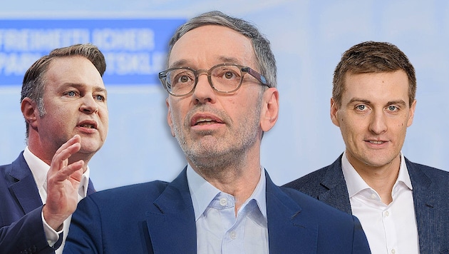 Herbert Kickl (center) is a red rag for SPÖ leader Andreas Babler (left). The regional party around Lower Austria's SPÖ leader Sven Hergovich is open to all coalition options. (Bild: WERNER JAEGER, www.picturedesk.com/ErwinScheriau, SEPA.Media/Martin Juen, Krone KREATIV)