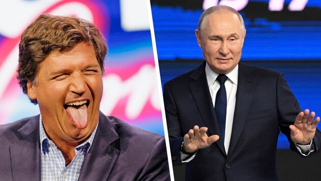 Tucker Carlson amerikai médiaszemélyiség interjút készített Vlagyimir Putyin orosz elnökkel. (Bild: picturedesk 2x Krone KREATIV,)