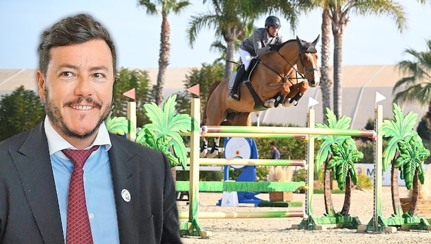 Signa inventor Benko: bought the horse Chageorge in July 2023 via his Laura Foundation, here at a show jumping competition in Spain in January (Bild: Helmut Fohringer, Herve Bonnaud/1clicphoto, Krone KREATIV)