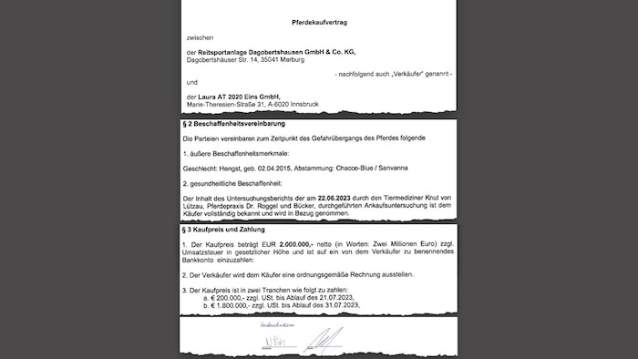 Ausschnitte aus dem Kaufvertrag: Zwei Millionen netto, zahlbar in zwei Raten