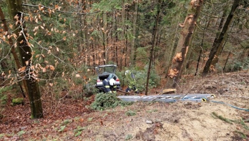 Die Feuerwehr kletterte mit einer Leiter zu dem Wrack (Bild: Ff Pabneukirhen)