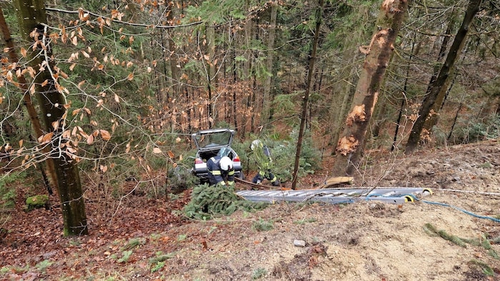 Die Feuerwehr kletterte mit einer Leiter zu dem Wrack