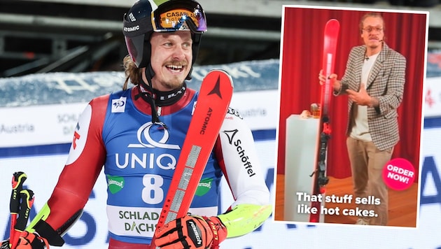 Manuel Feller gibt den Ski-Verkäufer. (Bild: GEPA, krone.at-mrgrafik)