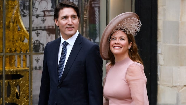 Ein Bild aus offenbar glücklicheren Tagen: Justin Trudeau und Sophie bei der Krönungszeremonie des britischen Königs Charles III. im Mai 2023  (Bild: AFP )