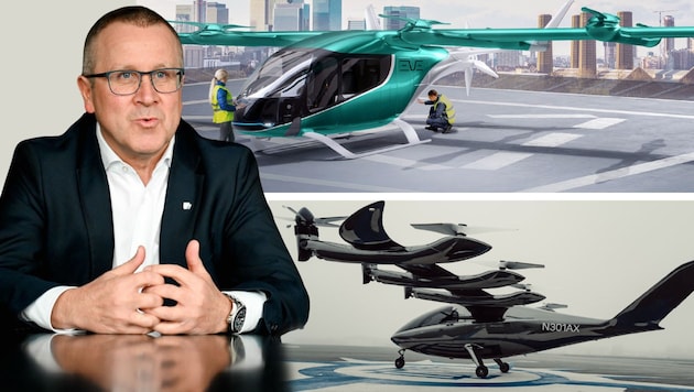 FACC - here CEO Robert Machtlinger - supplies various parts for the electric aircraft from Archer Aviation (below) and Eve Air Mobility (above), such as rudders and elevators. (Bild: Archer Aviation, Eve Air Mobility, Markus Wenzel, Krone KREATIV)