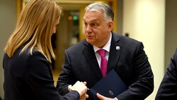 Ungarns Regierungschef Viktor Orbán im Gespräch mit EU-Parlamentspräsidentin Roberta Metsola (Bild: APA/AFP/Miguel MEDINA)