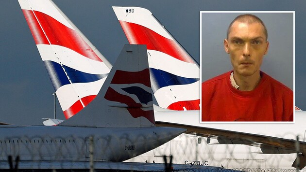 Craig Sturt (na malém obrázku) nastoupil do letadla bez dokladů. (Bild: APA/AFP/Adrian DENNIS, Thames Valley Police, Krone KREATIV)