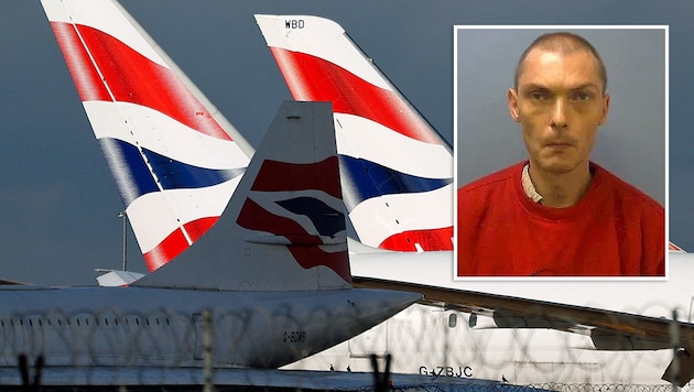 Craig Sturt (kl. Bild) gelangte ohne Papiere ins Flugzeug. (Bild: APA/AFP/Adrian DENNIS, Thames Valley Police, Krone KREATIV)