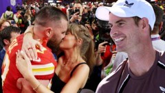 Taylor Swift küsst Travis Kelce - und Andy Murray (re.) sorgt im Netz für Lacher. (Bild: APA/Getty Images via AFP/GETTY IMAGES/EZRA SHAW, APA/AFP/William WEST)