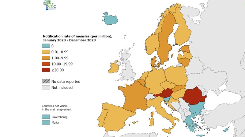 Auch 2023 befand sich Österreich mit Rumänien an der traurigen Spitze, was die Anzahl der Masernfälle betrifft. (Bild: European Centre for Disease Prevention and Control)