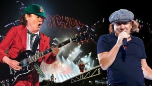 Angus Young und Brian Johnson werden das Wiener Ernst-Happel-Stadion dieser Tage gleich zweimal zum Beben bringen. (Bild: APA/Erwin Scheriau, AFP/Patricia de Melo Moreira, Krone KREATIV)