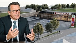 Das Dach des zukünftigen Eurospar in Rohrbach wird in Abstimmung mit der angrenzenden Schule als Freizeitanlage gestaltet, verrät Jakob Leitner. (Bild: Spar, Markus Wenzel, Krone KREATIV)