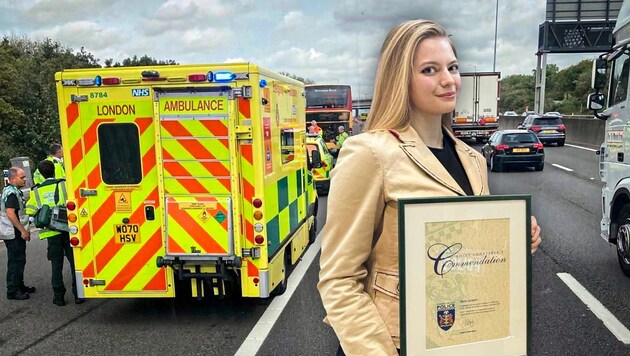 Austrian Marie Therese Gumpert became a hero in September 2022 with a rescue operation during a bus accident in England. (Bild: zVg, Krone KREATIV)