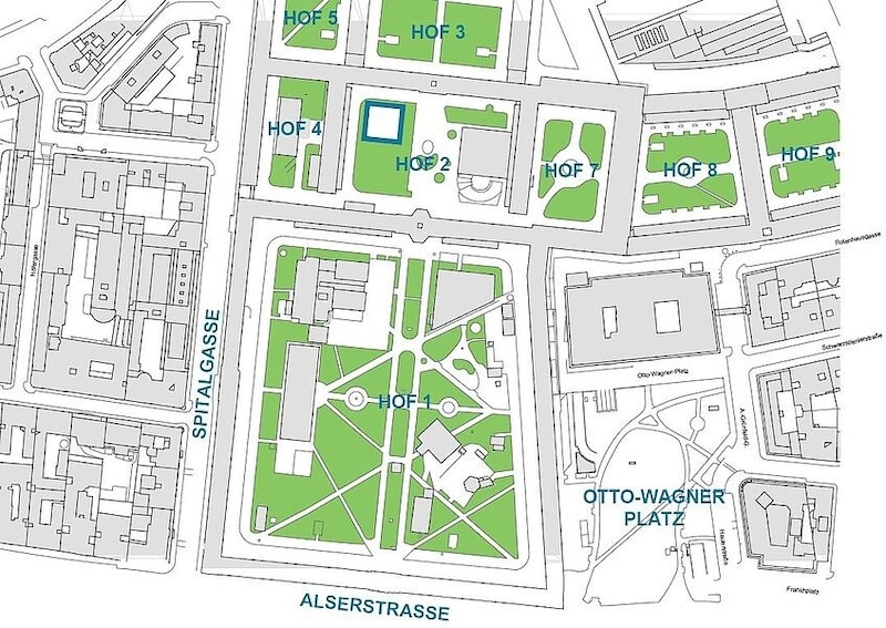 Schräg gegenüber von den neu gebauten Hörsälen soll in Hof 2 nun auch der „Quantum Cube“ (blau umrandet) entstehen. (Bild: Uni Wien)