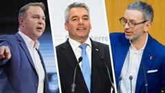 Andreas Babler (SPÖ), Karl Nehammer (ÖVP) und Herbert Kickl (FPÖ) (Bild: APA/Erwin Scheriau/Helmut Fohringer/Max Slovencik, Krone KREATIV)