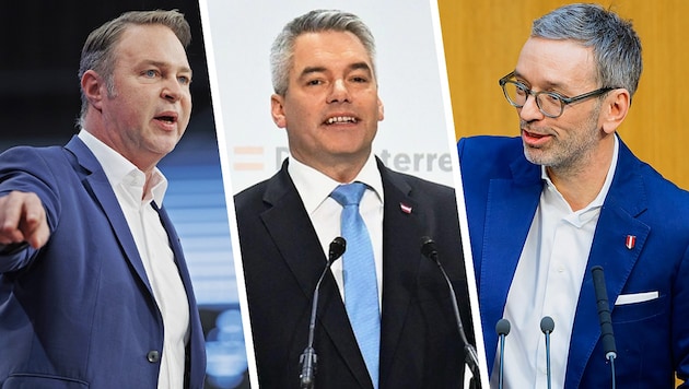 Andreas Babler (SPÖ), Karl Nehammer (ÖVP) and Herbert Kickl (FPÖ) (Bild: APA/Erwin Scheriau/Helmut Fohringer/Max Slovencik, Krone KREATIV)