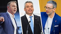 Andreas Babler (SPÖ), Karl Nehammer (ÖVP) und Herbert Kickl (FPÖ) (Bild: APA/Erwin Scheriau/Helmut Fohringer/Max Slovencik, Krone KREATIV)