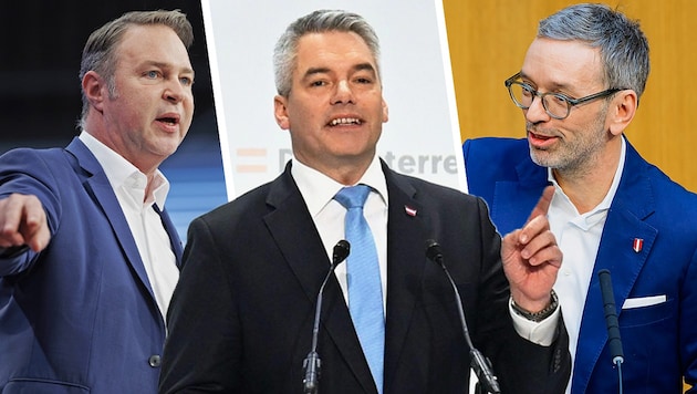 Chancellor Karl Nehammer (ÖVP) and FPÖ leader Herbert Kickl have a good laugh: six days before the election, they will contest the last TV duel on ORF. Andreas Babler (left) is the loser. (Bild: APA/Erwin Scheriau/Helmut Fohringer/Max Slovencik, Krone KREATIV)