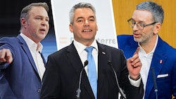 Kanzler Karl Nehammer (ÖVP) und FPÖ-Chef Herbert Kickl haben gut lachen: Sie bestreiten sechs Tage vor der Wahl das letzte TV-Duell im ORF. Andreas Babler (li.) hat das Nachsehen. (Bild: APA/Erwin Scheriau/Helmut Fohringer/Max Slovencik, Krone KREATIV)