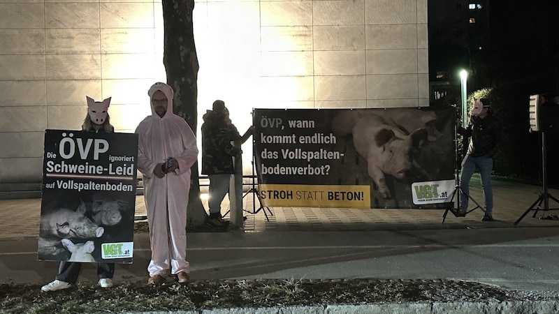 Vor der Messehalle protestierte der VGT gegen Vollspaltenböden. (Bild: Jennifer Kapellari)