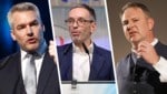 Aktuelle Umfragen sehen die FPÖ (Parteichef Herbert Kickl in der Bildmitte) vor der ÖVP mit Kanzler Karl Nehammer (li.) und der SPÖ mit Chef Andreas Babler. (Bild: APA/Eggenberger, APA/Fesl, APA/Scheriau, Krone KREATIV,)