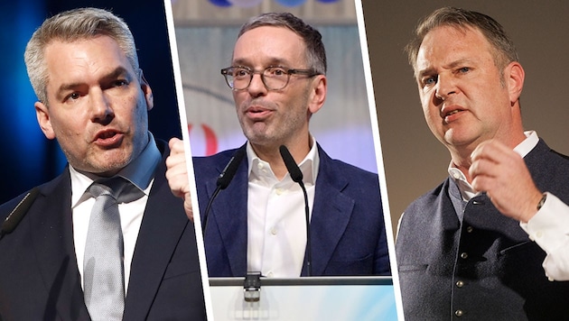 A baloldalról: Karl Nehammer kancellár (ÖVP), Herbert Kickl FPÖ-elnök és Andreas Babler SPÖ-elnök. (Bild: APA/Eggenberger, APA/Fesl, APA/Scheriau, Krone KREATIV,)