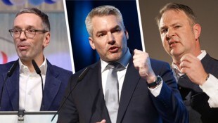 Von links: Herbert Kickl (FPÖ), Karl Nehammer (ÖVP) und Andreas Babler (SPÖ) ringen um den Kanzlerposten. (Bild: APA/Eggenberger, APA/Fesl, APA/Scheriau, Krone KREATIV,)