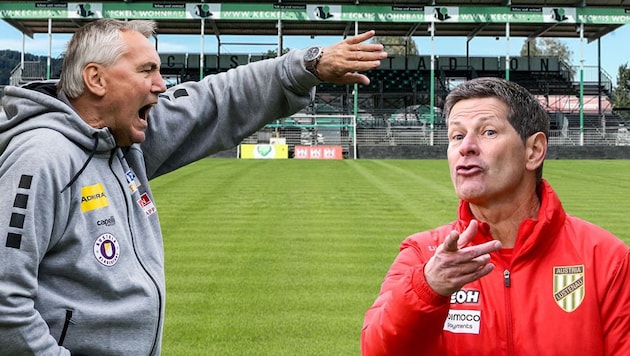 Das Bundesliga-Duell zwischen Austria Lustenau und Austria Klagenfurt wird auch zum Duell zwischen den Trainer-„Oldies“ Andi Heraf (rechts) und Peter Pacult. (Bild: GEPA, Krone KREATIV)