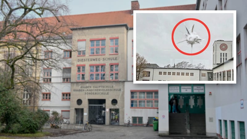 Fenster der Diesterwegschule wurden nachts laut Polizei mit einer gewehrartigen Waffe oder einer Schleuder mit Eisenkugeln beschossen. Oben eines der Einschusslöcher. (Bild: Harald Dostal, zVg, Krone KREATIV)