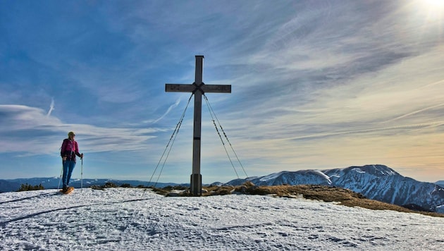 Am Gipfel der Tonion eröffnet sich ein außergewöhnlicher Rundum-Blick. Sieht man genau hin, erblickt man in der Ferne sogar Mariazell. (Bild: Weges)