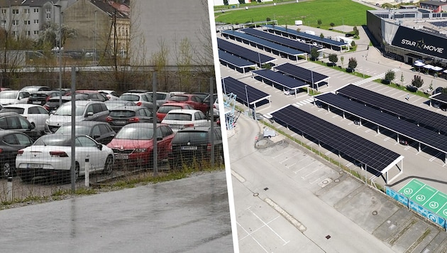 Österreich ist Weltmeister beim Zubetonieren. Im Falle von großen Parkplätzen soll nun eine Verpflichtung zum Bau von Photovoltaikanlagen kommen. (Bild: Star Movie, P. Huber, Krone KREATIV)