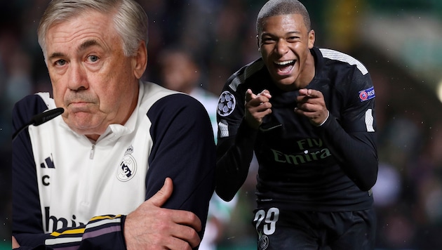 Mbappe (rechts) kassiert ordentlich für seine Unterschrift beim Team von Carlo Ancelotti.  (Bild: AP)