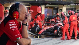 Das wird Teamchef Vasseur wohl kaum gefallen: Ferrari versemmelt erneut den Boxenstop. (Bild: APA/AFP/POOL/Shawn Thew/Ali HAIDER )