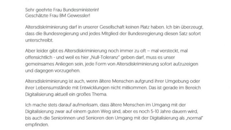 Výzva v dopise ministryni životního prostředí Leonore Gewesslerové: "Věková diskriminace nesmí mít v naší společnosti místo." (Bild: zVg)